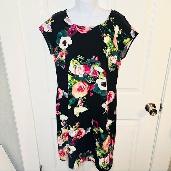 Merona Bright Casual Floral Shift Dress Black Pink Multi 6 - Picture 3 of 9